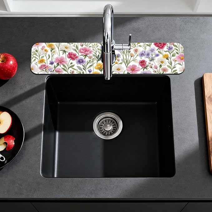 2 Pcs Kitchen Sink Splash Guard Faucet Mats Colorful Watercolor Flowers and - Image 3