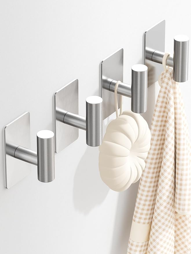 Towel Hooks for Bathrooms – 4 Pack, Brushed Silver Finish, T-Shaped Stainless - Image 8