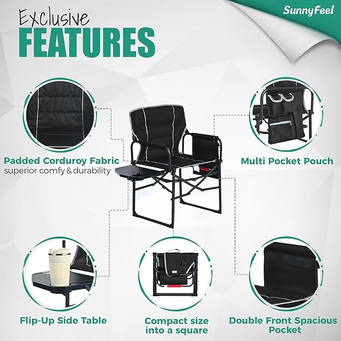 SUNNYFEEL Camping Directors Chair, Heavy Duty,Oversized Portable Folding Chair with Side Table, Pocket for Beach, Fishing,Trip,Picnic,Lawn,Concert Outdoor Foldable Camp Chairs - Image 6