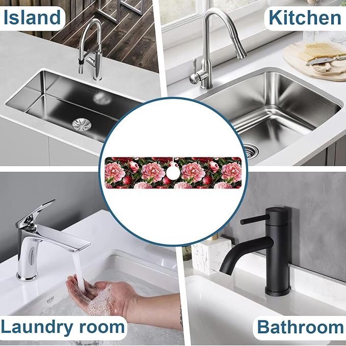 Blooming Peony Sink Splash Guard Pink Peony Flowers Faucet Absorbing Mat Fast - Image 7