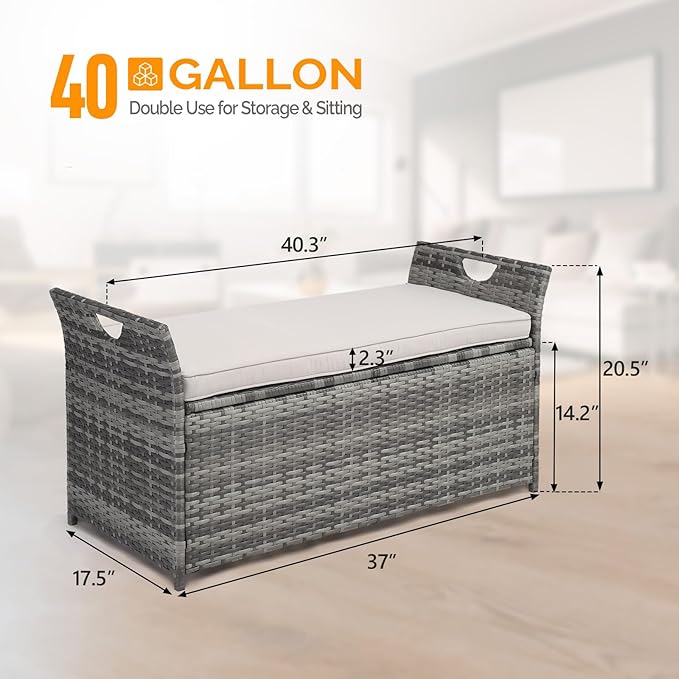 VINGLI 40 Gallon Outdoor Storage Bench with Cushion, Rattan Storage Box, Patio Wicker Deck Box with Seat for Garden | Balcony | Porch | Pool | Yard (Grey Frame + Light Grey Cushion) - Image 2