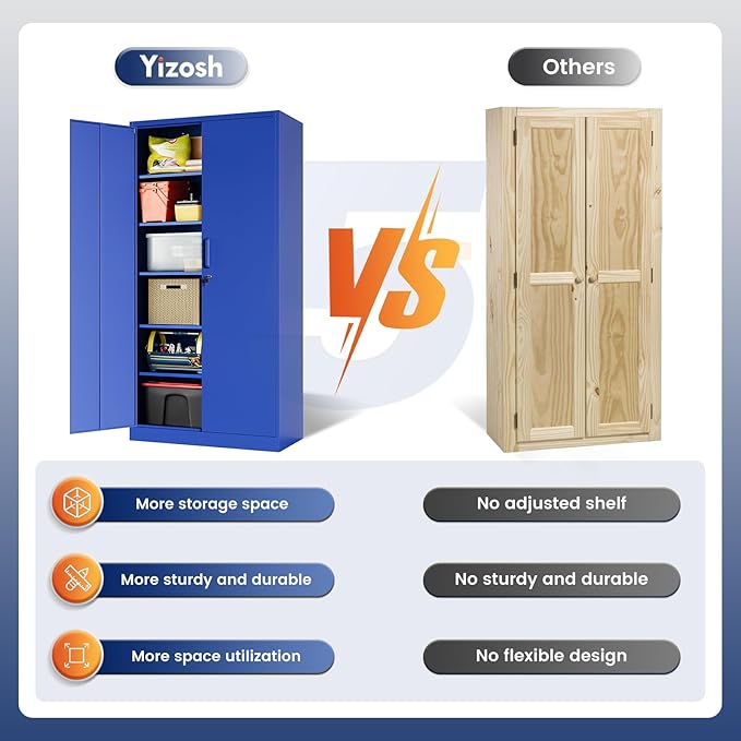 Yizosh Metal Garage Storage Cabinet with 2 Doors and 5 Adjustable Shelves - 71" Steel Lockable File Cabinet,Locking Tool Cabinets for Office,Home,Garage,Gym,School (Blue) - Image 8