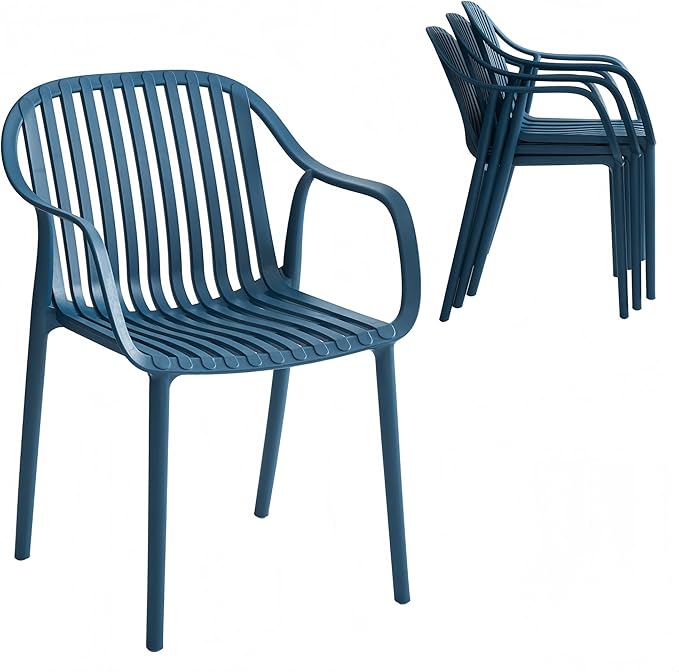 Modern Stackable Outdoor & Indoor Plastic Dining Chairs Set, Armchairs Set, Weather-Resistant, Ideal for Patios, Cafes, and Home Use, Set of 4 (Blue) by XDECO