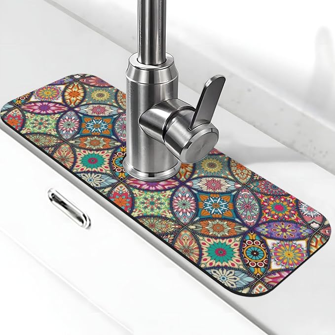 Boho Pretty Mandala Ceramic Rainbow Kitchen Sink Splash Guard Faucet Mat 1 Pcs by WILL+BUDXEG