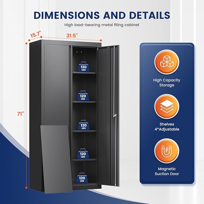 Yizosh Metal Garage Storage Cabinet with 2 Doors and 4 Adjustable Shelves - 71" Steel Lockable File Cabinet,Locking Tool Cabinets for Office,Home,Garage,School,Gym - Image 3