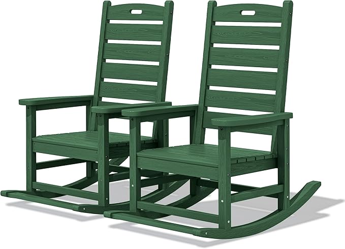 SERWALL Outdoor Rocking Chair Set of 2, Oversized Rocking Chair with Footboard for Adults, HDPE All Weather Resistant Rocking Chairs for Patio, 350lbs Weight Capacity,Green by SERWALL