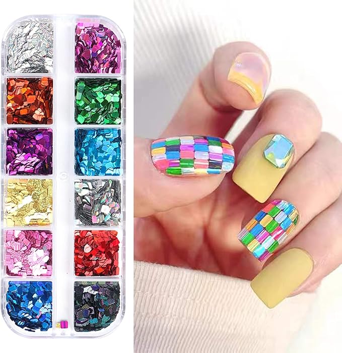 Laser Square Glitter Nail Art Sequins, Holographic 3D 12 Colors Glitter Flakes by VezocimManicureArt