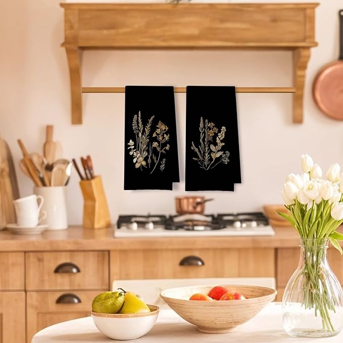 Boho Vintage Botanical Kitchen Towels Set of 2, Rustic Elegant Floral Dish Tea - Image 2