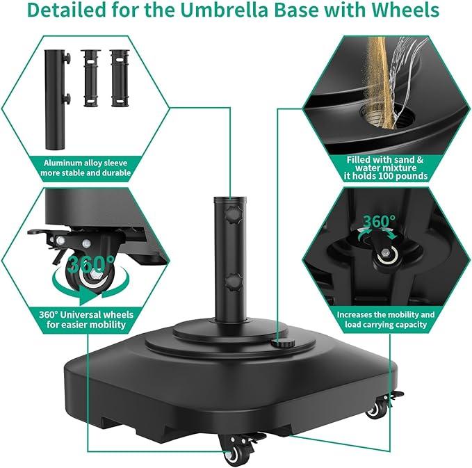 Umbrella Base with 5 Wheels, Upgraded 145lb Umbrella Stand Base, Heavy Duty & Windproof, Fillable Umbrella Base Mobile Umbrella Outdoor for Patio, Deck, Poolside, Lawn, Fits Most Sized Umbrellas - Image 6