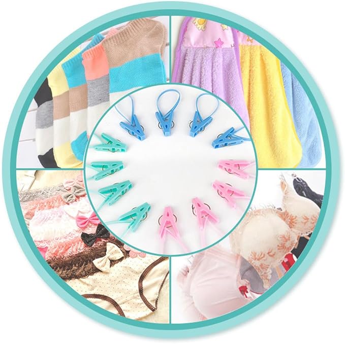 yueton Pack of 12 Clothes Peg Clip Pins Rope Hanging Clothesline Windproof - Image 2