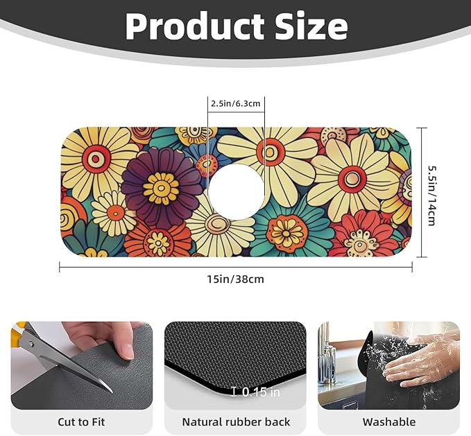 Kitchen Faucet Mat 15 x 5.5 Inch Abstract retro flower Faucet Draining Mat - Image 3
