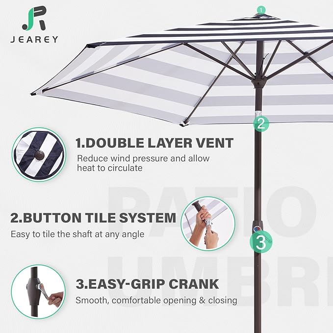 JEAREY 7.5FT Patio Umbrella Outdoor Market Umbrella with 6 Sturdy Ribs, Push Button Tilt/Crank Table Umbrella for Garden, Deck, Backyard and Pool, Black & White Stripe - Image 3
