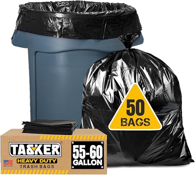 Tasker 55 Gallon Trash Bags | Value 50 Trash Bags w/Ties | Extra Large by Tasker