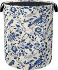 Navy Blue Beige Birds Laundry Basket by Gearsly