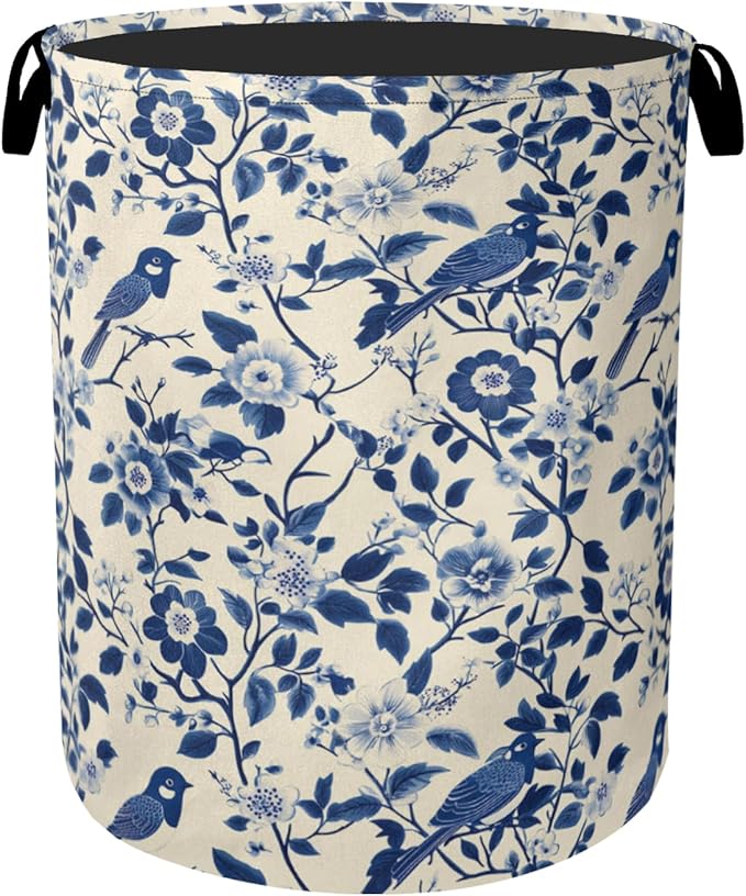Navy Blue Beige Birds Laundry Basket by Gearsly