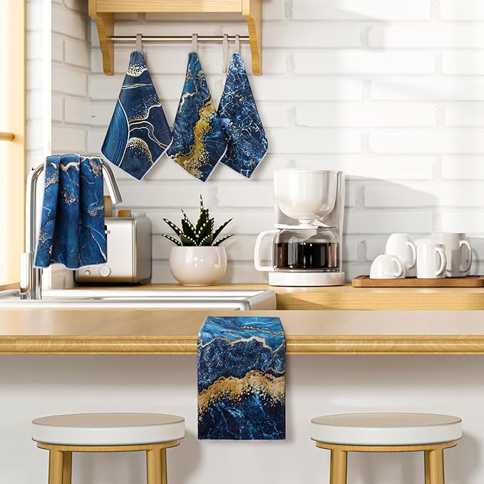 Boyiee 6 Pcs Marble Hand Towels Blue and Gold Towels Navy Blue Kitchen Towel - Image 7