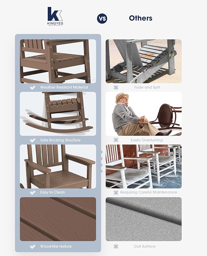 KINGYES HDPE Rocking Chairs Outdoor, Patio Rocking Chairs with 330lbs Support, Smooth Porch Rocker for Deck Lawn Yard, Brown - Image 6