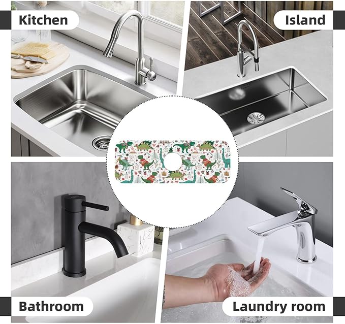 Dinosaur Christmas Happy New Year Kitchen Sink Splash Guard Faucet Mat Super - Image 7