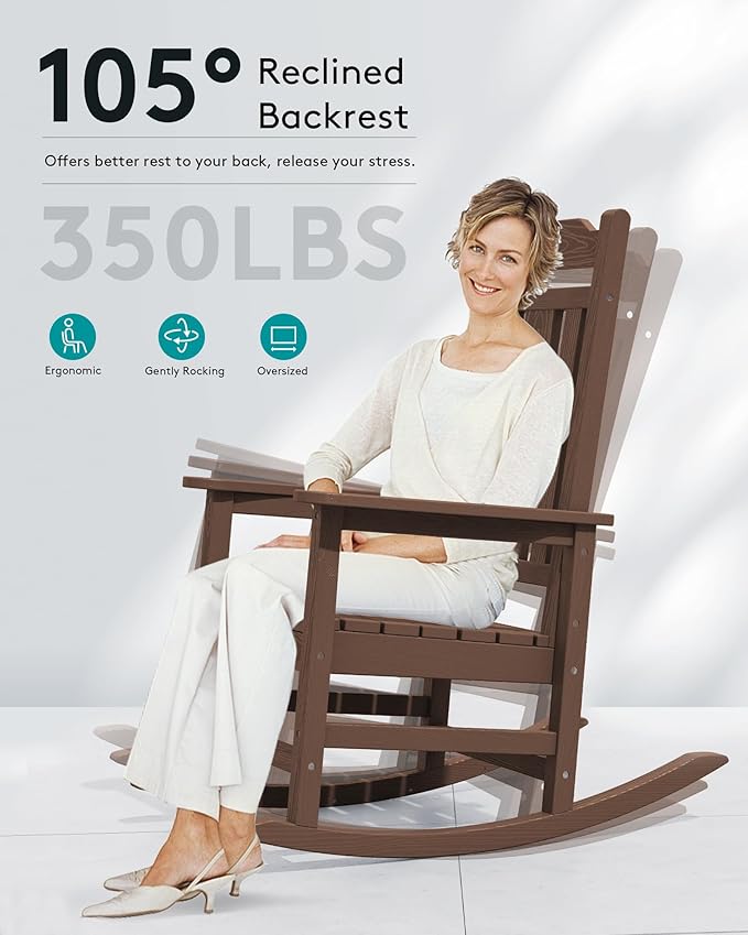SERWALL Outdoor Rocking Chair Set of 6, Patio Rocking Chairs Set, HDPE Rocking Chair Outdoor for Adults, Heavy Duty Front Porch Rocker, Coffee - Image 6
