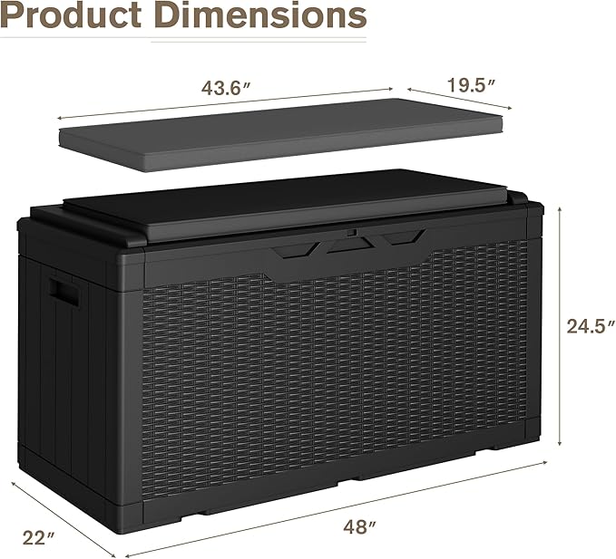 JUMMICO 100 Gallon Resin Deck Box with Cushion, Waterproof Outdoor Storage Box with Lockable Lid for Garden Tools, Patio Cushions (Black) - Image 3
