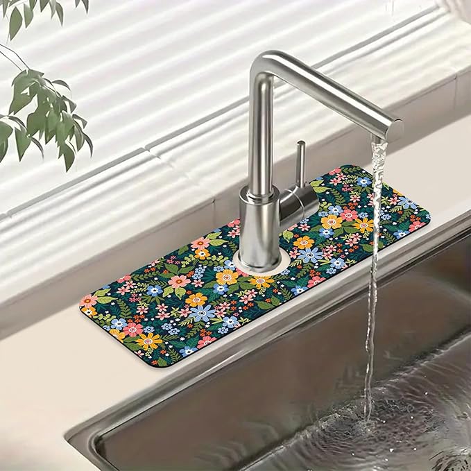 Colorful Flower Sink Splash Guard Faucet Mat Flowers Leaves Super Absorbent by Unknown