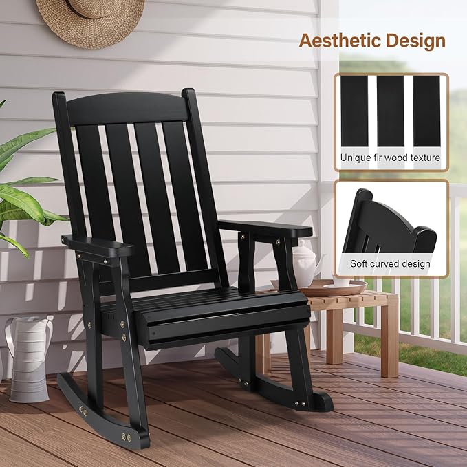VINGLI Heavy Duty 600 LBS Outdoor Wooden Rocking Chair with Higher Backrest,Patio Rocking Chair with Ergonomic Design, Weatherproof Outdoor Rockers Suit for Patio, Garden, Balcony, Yard, Black - Image 5