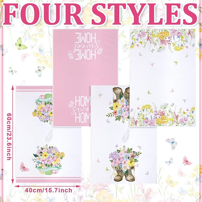 Bencailor 4 Pcs Pink Floral Kitchen Towels Pink and White Flower Hand Dish - Image 3