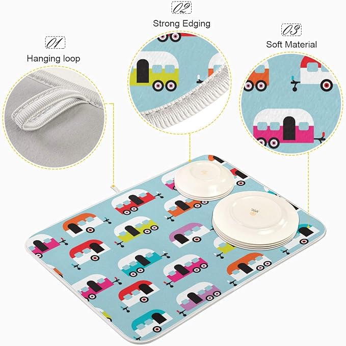 ALAZA Dish Drying Mat, Happy Camper Caravan Super Absorbent Reversible Rack - Image 3