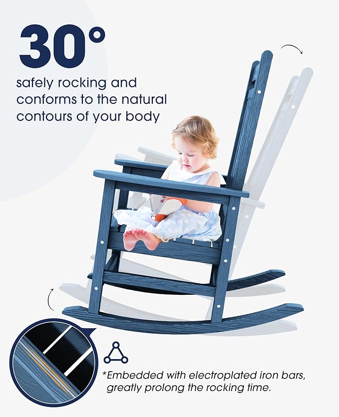 KINGYES Oversized Outdoor Rocking Chair Set of 4, All-Weather Patio Rocking Chairs for Porch, HDPE Outdoor Patio Rockers with High Back & Wide Seat for Garden, Lawn, Blue - Image 5