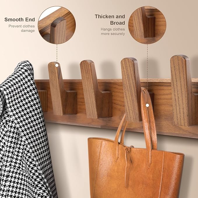 Wood Coat Rack Wall Mount with 5 Hooks, Natural Wall Coat Hook - Image 3