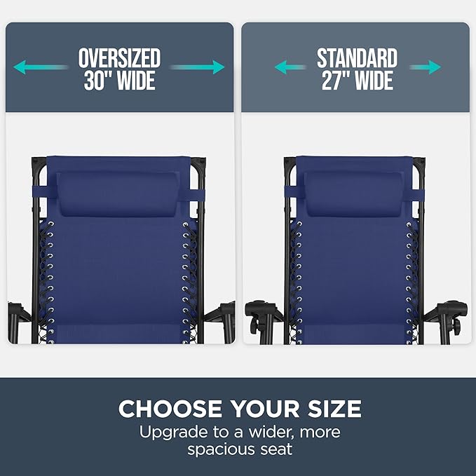 Best Choice Products 30” Wide Folding Zero Gravity Outdoor Recliner Patio Lounge Chair w/Adjustable Canopy Shade, Headrest, Side Accessory Tray - Navy Blue - Image 4