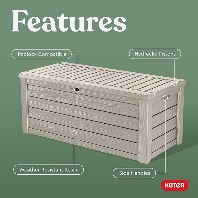Keter Westwood 150 Gallon Resin Large Outdoor Storage Box for Patio Furniture, Outdoor Cushions, Garden Tools and Pool Floats, Beige - Image 4