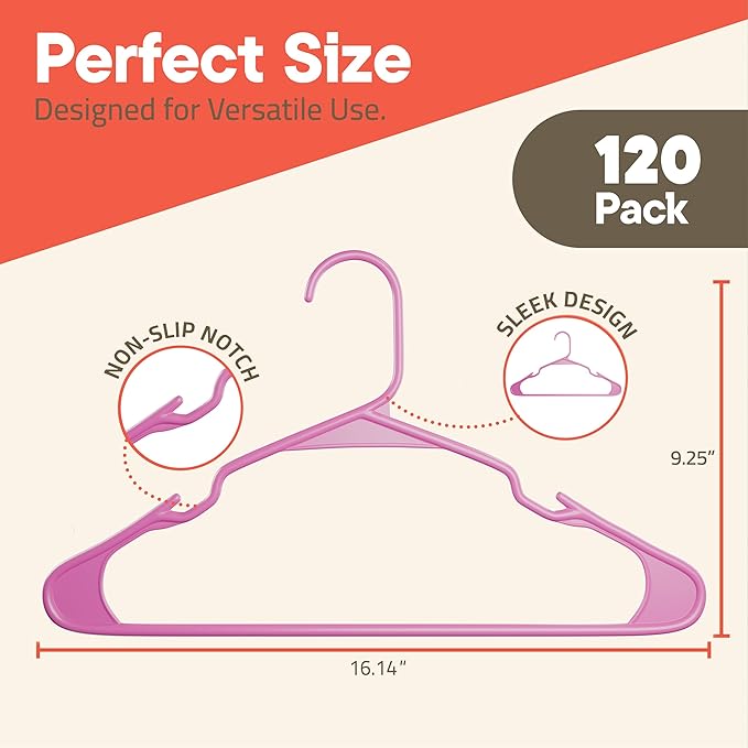 Pink Plastic Hangers 120 Pack– Heavy-Duty Plastic Hangers Slim and Space-Saving - Image 2