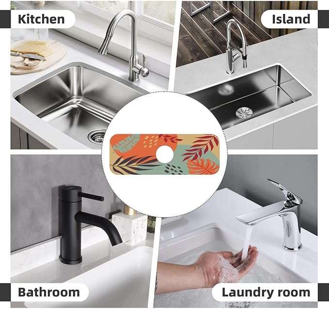 Boho Bohemian Abstract Floral Leaves Kitchen Sink Splash Guard Faucet Mat Super - Image 7