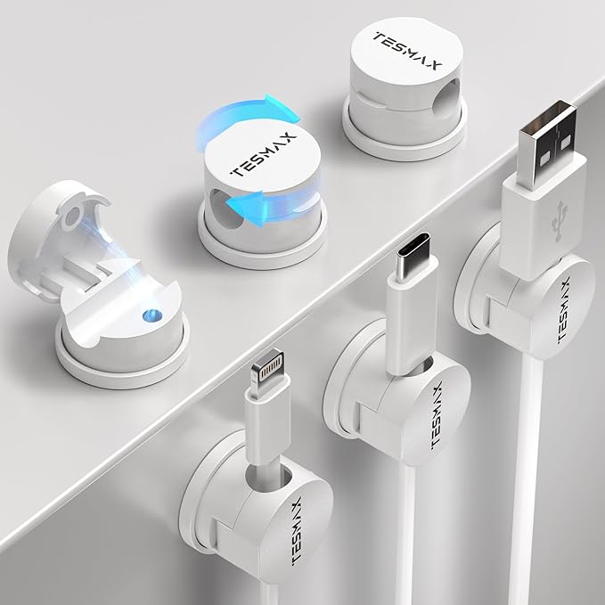 Magnetic Cable Clips 360° Rotation Cord Holder, Adhesive Cord Clips by TESMAX