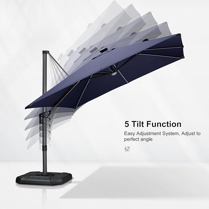 PURPLE LEAF 10 Feet Patio Umbrella with Base Outdoor Cantilever Solar Powered LED Square Umbrella Aluminum Offset Umbrella with 360-degree Rotation for Garden Deck Pool Patio Navy - Image 6