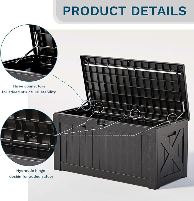 Patiowell 120 Gallon Large Deck Box, Outdoor Lockable Storage Box for Gardening Tools, Waterproof Deck Box for Patio Furniture, Black - Image 7