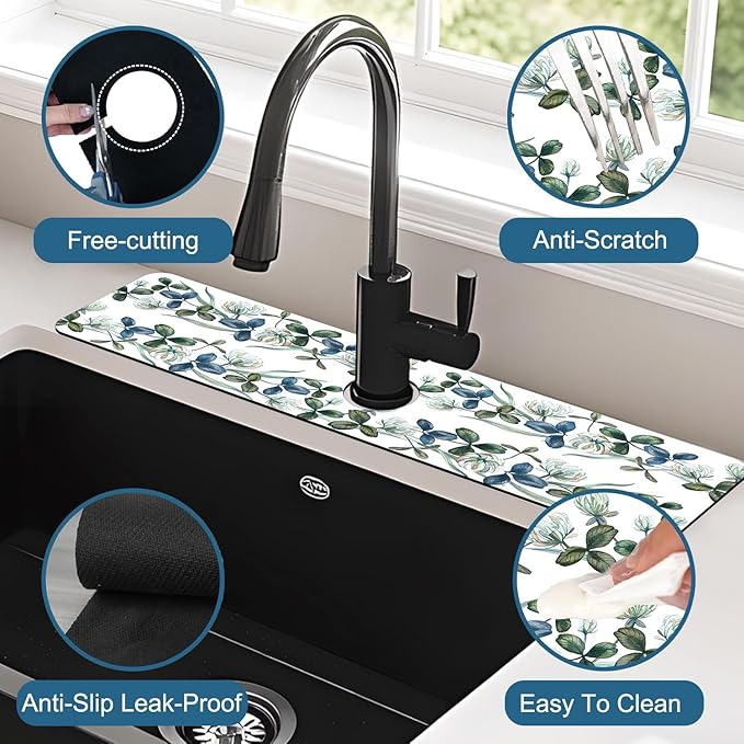 Watercolor Garland Flower Kitchen Sink Splash Guard Faucet Mat Clover Leaves - Image 4