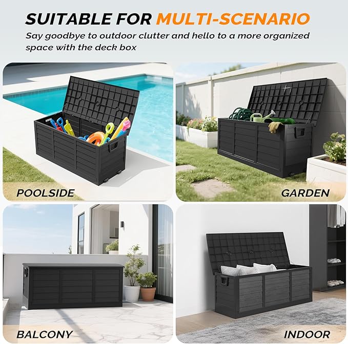 VINGLI 75 Gallon Collapsible Outdoor Storage Box, Simple-to-assemble Plastic Storage Containers with Lid, Patio Deck Box Furniture for Garden, Pool, Balcony, Yard (Full Black) - Image 7