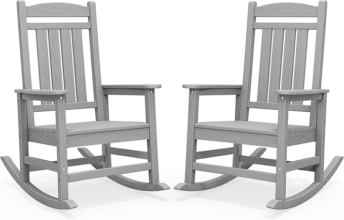 SERWALL HDPE Outdoor Rocking Chair Set of 2, Oversized Patio Rocking Chairs, All-Weather Porch Rockers for Adults, Light Gray by SERWALL
