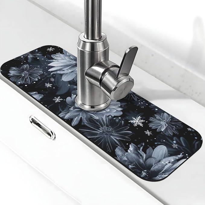 Faucet Draining Mat For Kitchen Sink, Stylized Gray Chrysanthemum Flowers by indokyeyqaz