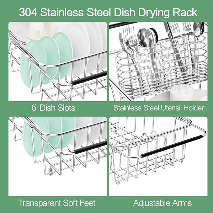 Small Dish Drainer Rack in Sink Adjustable, Expandable Stainless Steel Metal - Image 7