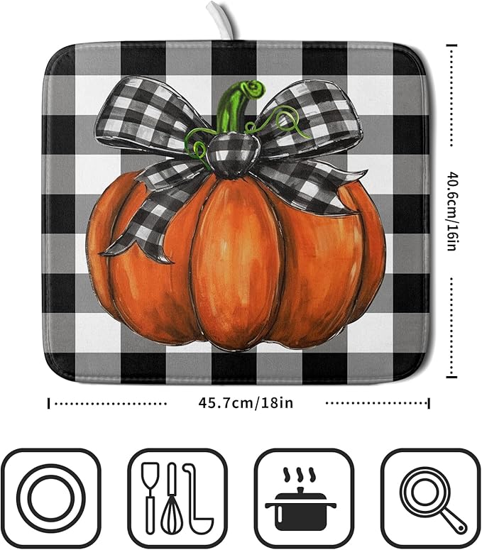 Fall Pumpkin Dish Drying Mat for Kitchen Counter Black White Buffalo Check - Image 2