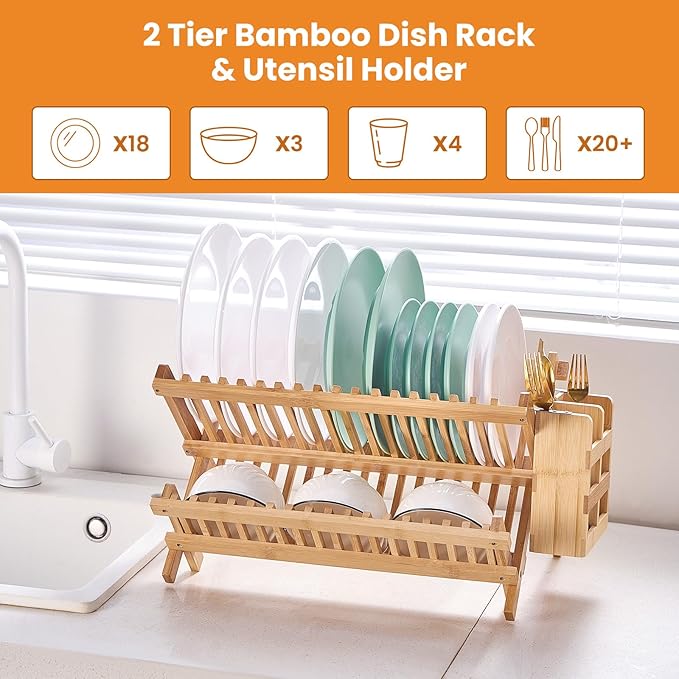 Bamboo Dish Drying Rack, 2 Tier Collapsible Dish Rack - Image 4