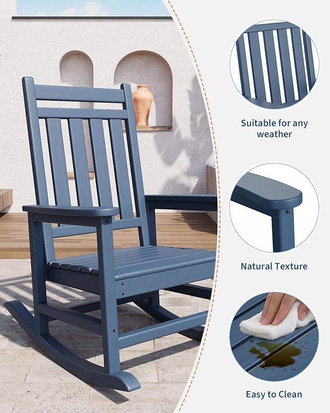 GarveeLife Poly Lumber Rocking Chair Outdoor - HDPE High Back Porch Rocker Chairs for Adults - All Weather Resistant Furniture for Patio - Navy Blue - Image 4