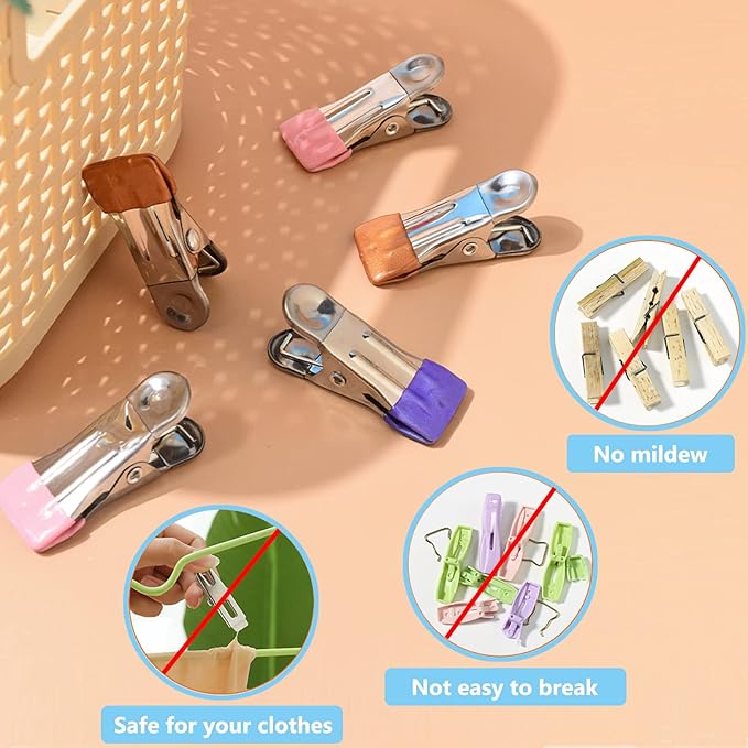 Clothes Pins with Removable Hook, 32 Pack Stainless Steel Colored Clothespins - Image 6