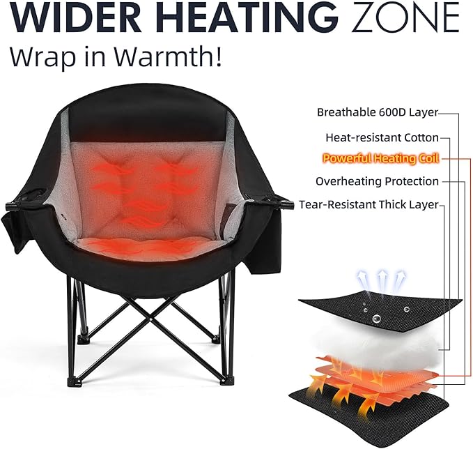 Heated Oversized Camping Chair - Heavy Duty Padded Folding Camping Chairs for Adults with Cooling Bag, Side Pocket, Cup Holder and Carry Bag for Outdoor Sports Lawn Fishing Garden Portable - Image 3