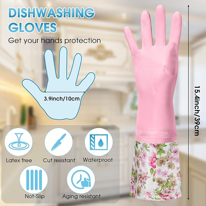 Mimorou 9 Pairs Household Dishwashing Rubber Gloves Long Cuff and Flock Lining - Image 2
