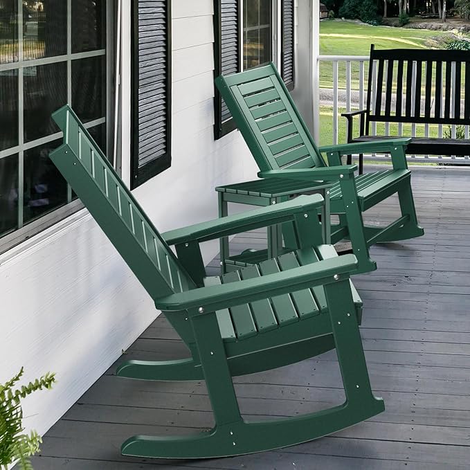 GREENVINES Outdoor Rocking Chair Set | 3-Piece | 2 Rocking Chairs with 1 Side Table | Porch Rocker | HDPE Plastic | Forest | Patio Furniture Sets | High Back | Big & Tall | Ladder Back - Image 2