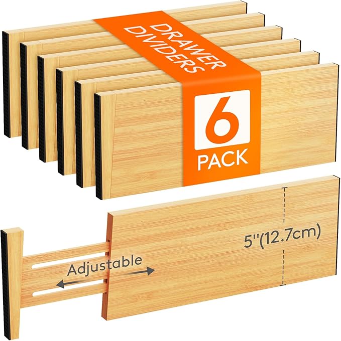 Lifewit 5" High 6 Pack Bamboo Drawer Dividers 33-42cm/13-16.5" Adjustable by Lifewit